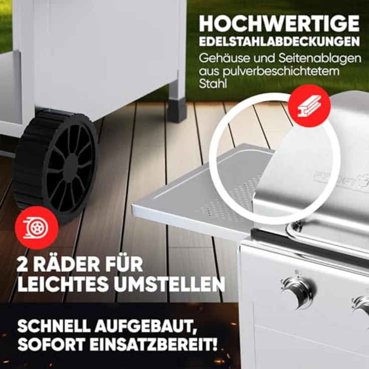 ProfiCook® Gasgrill PC GG 1309, für Temperaturen bis zu 350°C, 2 Brenner, gusseiserne Grillroste, silber, inkl. Gasdruckminderer und Schlauch, klein, 2 Ablagen – Bild 4