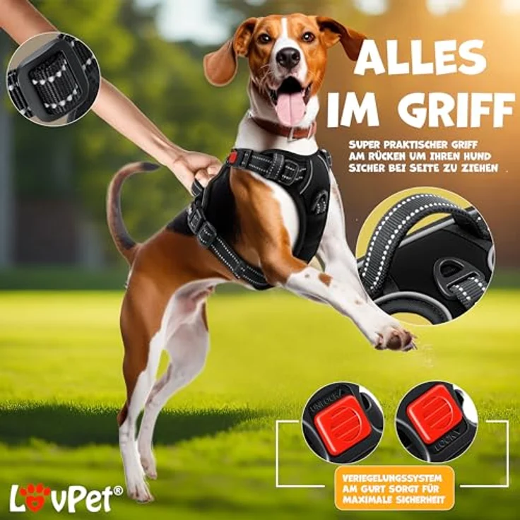 Lovpet Hundegeschirr ohne Zug & würgen für mittelgroße Hunde atmungsaktiv & weich Brustgeschirr reflektierend | No-Pull-Geschirr inkl. Beutelrollen | Verstellbares Geschirr mit Griff Schwarz M – Bild 4