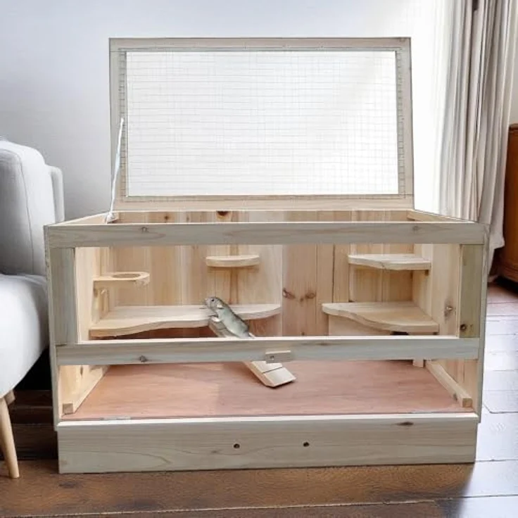 Mucola Hamsterkäfig 60x35x30cm Nagerheim Holzstall mit viel Bewegungsraum, naturfarben – Bild 2