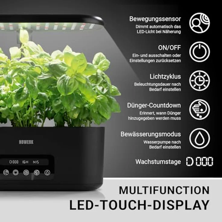 N8WERK Hydroponisches Anzuchtsystem mit imitiertem Tageslichtspektrum, inkl. 14 Pflanzschwämmen, 14 Samentöpfen, 7 Anzuchthauben & Dünger, höhenverstellbar, automatische Bewässerung – Bild 4