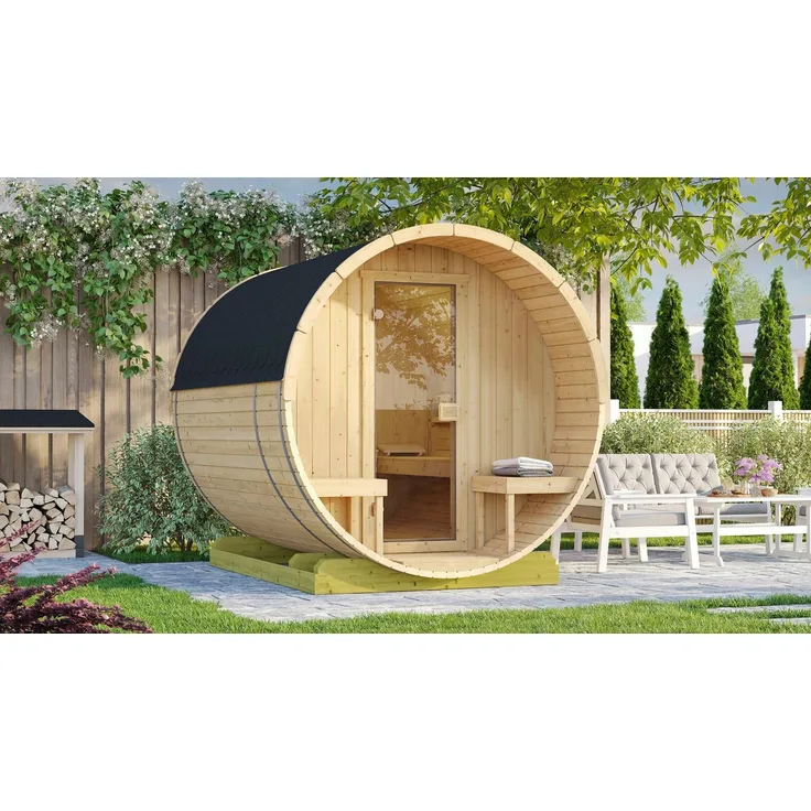 Weka Fasssauna 198, Gartensauna mit runder Form und zwei Liegen, inklusive Saunaofen, 38 mm