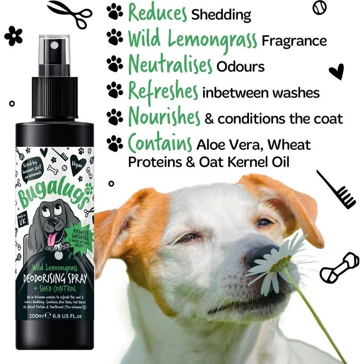 Bugalugs Hundeparfüm Wild Lemongrass, 200ml Deodorant für Hunde mit Shed-Control Formel, vegan, langanhaltender Duft, Lake District Wasser