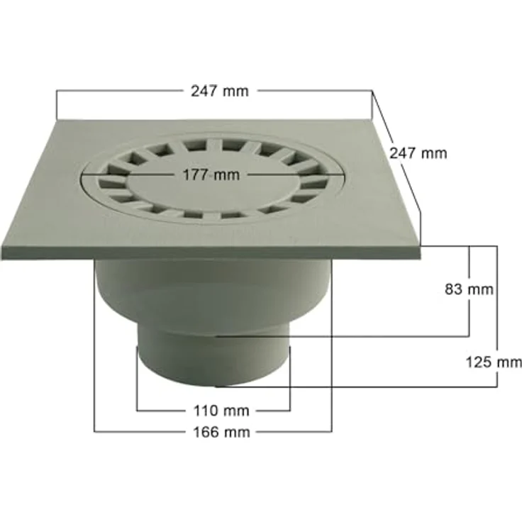 Marley Bodenablauf 247 x 247 mm, Gartenentwässerung mit DN 110 Rohranschluss, senkrechtem Anschluss und Geruchsverschluss, Einbautiefe 125 mm, Belastung bis 1,5t – Bild 2