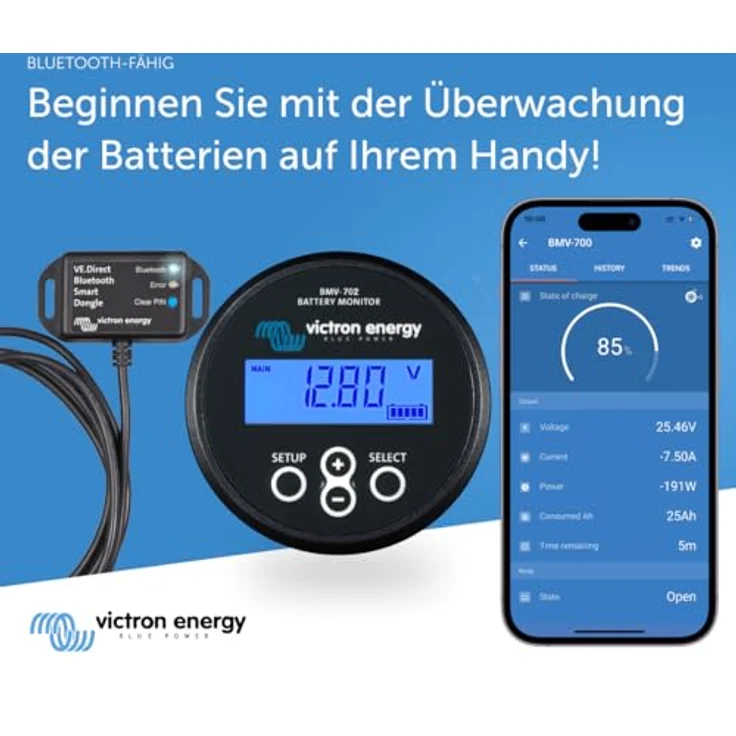 Victron Energy BMV-702 Batteriemonitor schwarz, Multifunktionsgerät mit zusätzlichem Spannungseingang und Restlaufanzeige – Bild 5