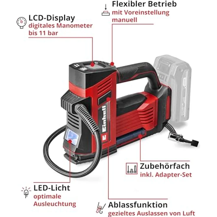 Einhell Akku-Autokompressor CE-CC 18/23 D Li-Solo, kabelloses Aufpumpgerät mit digitalem Manometer und Speicherfunktion für bis zu 4 Druckwerte, max. 11 bar – Bild 3