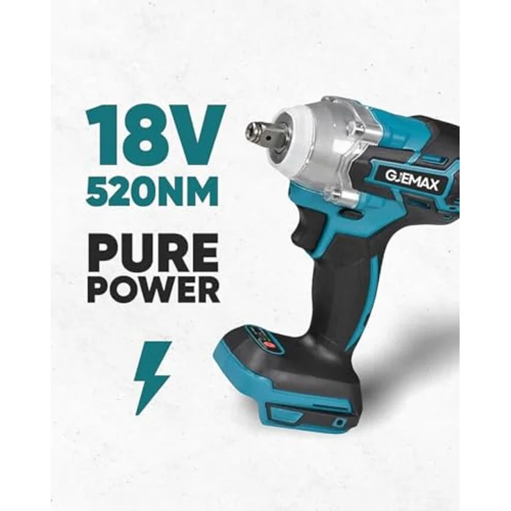 Gjemax Akku Schlagschrauber 18V 520Nm, 1/2 Zoll Drehschlagschrauber mit 6.0 Ah Lithium Akku und Schnellladegerät, Bürstenloser Motor, hohes Drehmoment – Bild 2