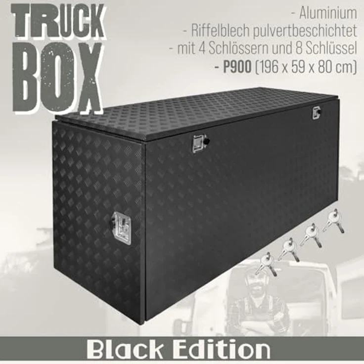 Trucky P900 Werkzeugbox, Aluminium Deichselbox Schwarz, 196 x 59 x 80 cm mit Schloss und wasserdichtem Design – Bild 2