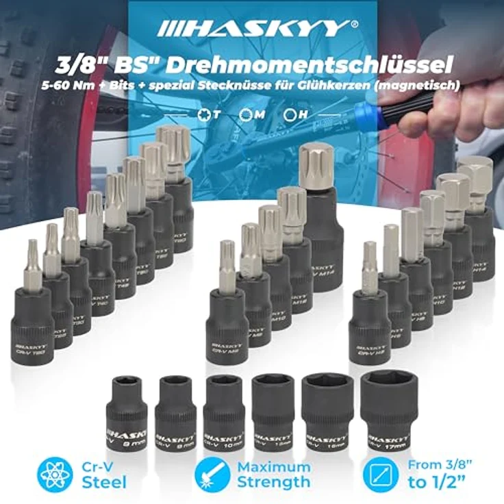 HASKYY Drehmomentschlüssel 3/8" 5-60Nm, Motorrad Ratsche Knarre, inkl. Bits und G-Nüsse – Bild 7