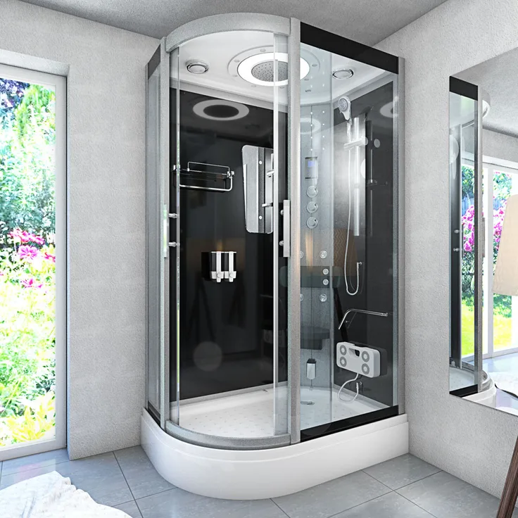 SeniorBad GmbH Dusche Duschkabine D60-73T3L-EC Duschtempel Sauna 120x80 cm, Schwarz, Thermostat-Mischarmatur, Regendusche, Handbrause