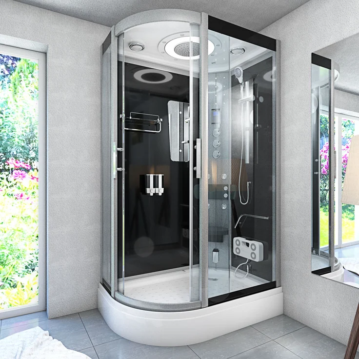 SeniorBad GmbH Dusche Duschkabine D60-73T3L-EC Duschtempel Sauna 120x80 cm, Schwarz, Thermostat-Mischarmatur, Regendusche, Handbrause