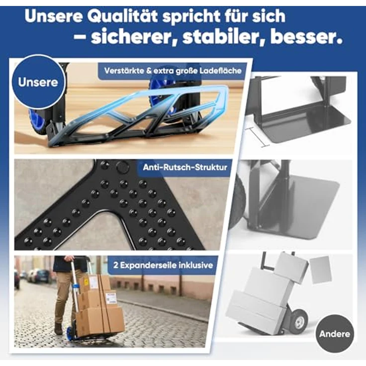 Sekey Sackkarre SK2, Klappbar, 150 kg Tragkraft, XXL Anti-Rutsch-Plattform, höhenverstellbar 77/107cm, Aluminiumrahmen, inkl. 2 Expanderseile, schwarz/blau – Bild 4