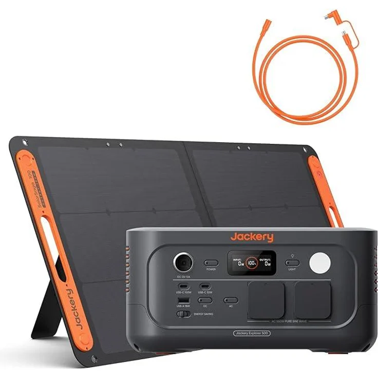 Jackery E500 V2, Tragbare Powerstation mit 512 Wh, 100W Solarpanel und 5M Verlängerungskabel für Camping, Wohnmobil & Notfälle, orange