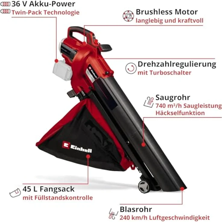 Einhell Akku-Laubsauger + Laubbläser Venturro 36/240 Solo, 36V, 740m³/h Saugleistung, 240 km/h Blasfunktion, ohne Akku & Ladegerät – Bild 3