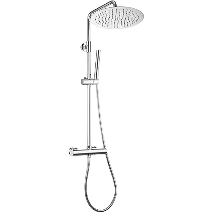 JOHO Thermostat Duschsystem, Regendusche Duschset mit XXL Kopfbrause Ø 30cm, Chrom, inklusive Mischbatterie und höhenverstellbarer Duschstange – Bild 1