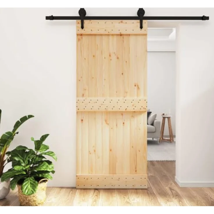 vidaXL Schiebetür 90 x 210 cm, Massivkiefer in Natur und Schwarz, moderner Raumteiler mit rechteckigem Stahlrahmen – Bild 2