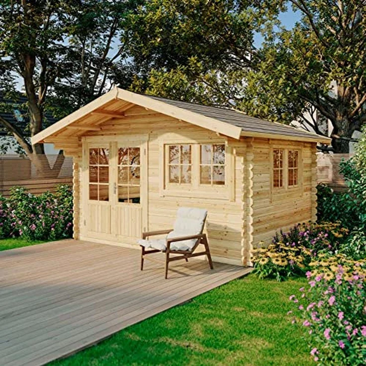 Gartenhaus Gabriel-34 mit Fußboden aus Holz, Gerätehaus 400x300, 10,07 m², 34 mm Wandstärke, Holzhaus in Blockbohlen-Bauweise inkl. Fenster, Doppelfenster und Leimholztür Naturbelassen – Bild 2