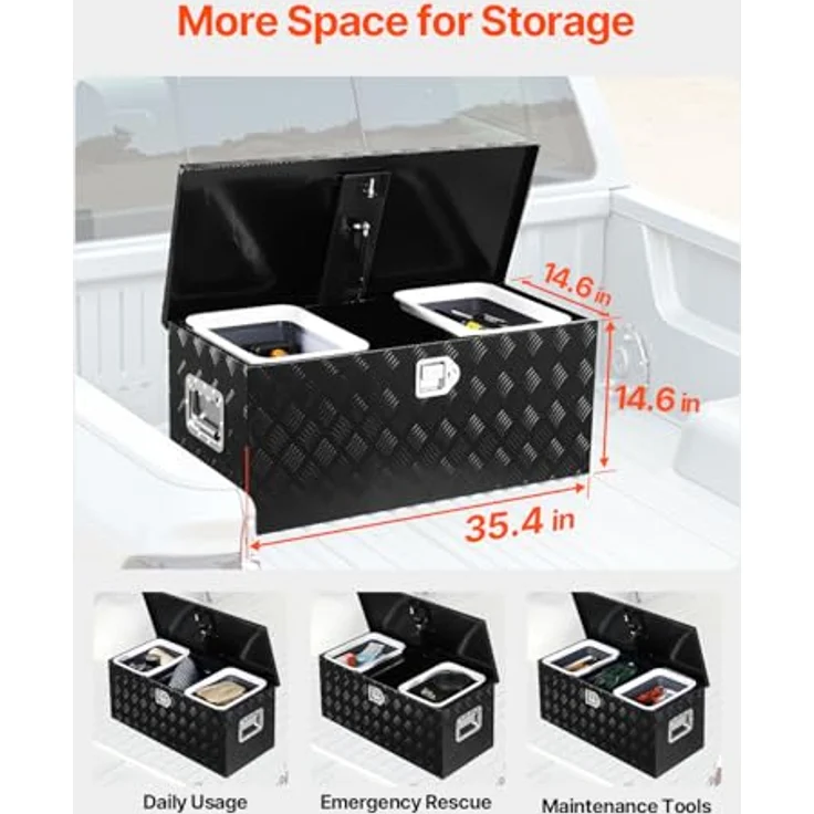 VEVOR Aluminium Werkzeugkasten für Ladefläche, gestreifte Werkzeugkiste 899 x 370 x 370 mm, mit seitlichem Griff & ausziehbarem Regal, Schwarz – Bild 2