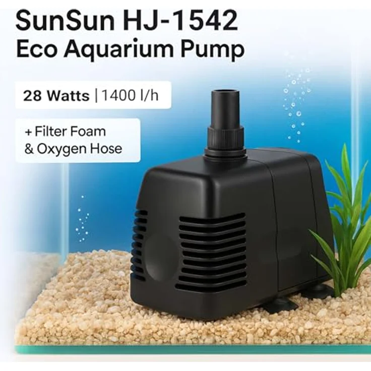 SunSun HJ-1542 Aquarium Pumpe, 1400 L/h, 28 W, leise Tauchpumpe mit Filterschwamm und Sauerstoffschlauch für Mini Aquarium – Bild 2