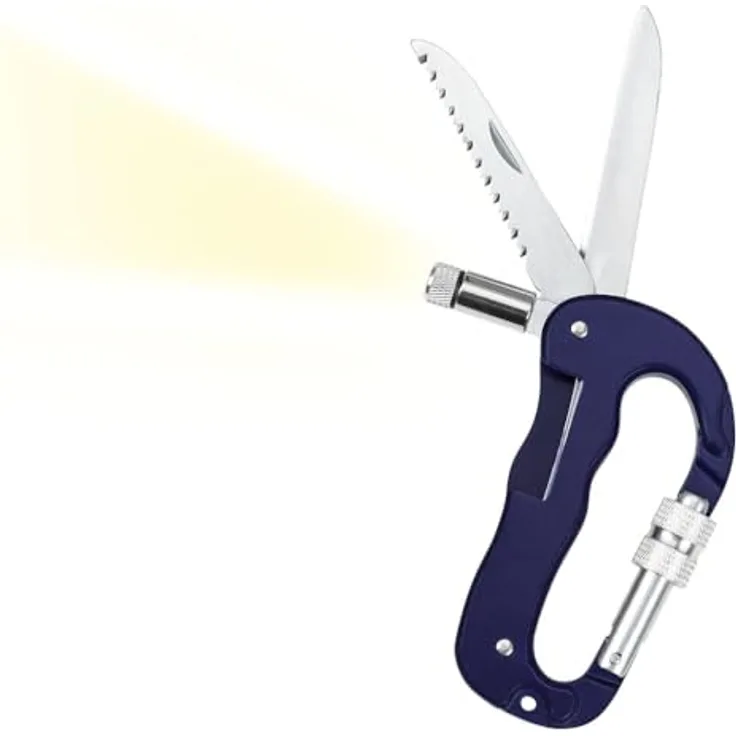 moses. Expedition Natur Multifunktions-Karabiner, 4 in 1 Tool mit Messer, Säge, LED-Licht, dunkelblau/silber