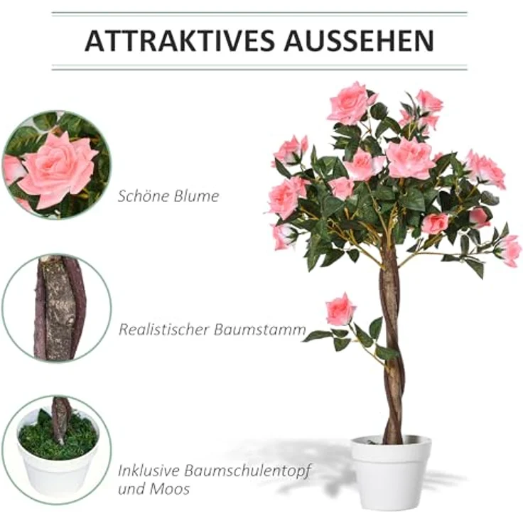 Outsunny Künstliche Rosenpflanze, 90 cm großer Kunstbaum im Topf, realistische Plastik Rosenanlage für Wohnzimmer, Schlafzimmer und Büro, pflegeleichte Dekoration – Bild 4