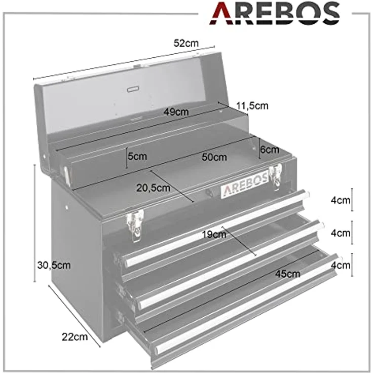 Canbolat Vertriebs Gmbh - AREBOS Werkzeugkoffer mit 3 Schubfächer schwarz - Werkzeugkasten Werkzeugbox Werkzeugkiste - schwarz – Bild 8