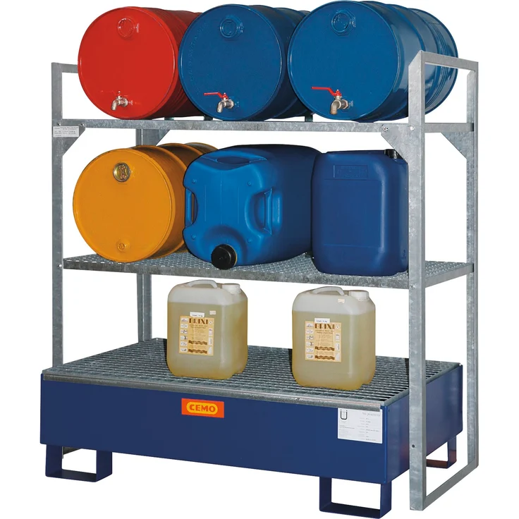 Cemo Regal "360", Lagerregal für 60 Liter-Fässer, 132 x 130 x 80 cm, mit 2 Gitterrostauflagen und korrosionsbeständiger GFK-Auffangwanne