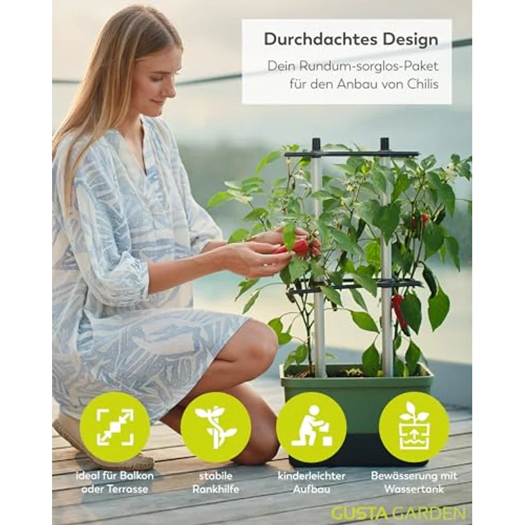 Gusta Garden Pflanzkübel CHARLY CHILI, mit automatischem Bewässerungssystem und stabiler Rankhilfe, Dunkelgrün – Bild 3