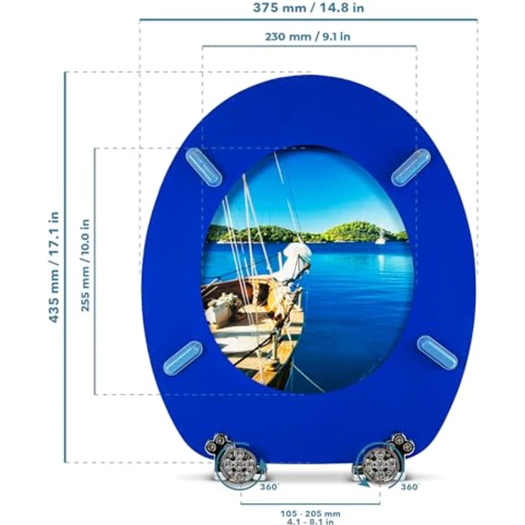 Sanfino WC Sitz Boat Toilettendeckel aus Holz, blau mit Absenkautomatik und verchromten Metallscharniere – Bild 5