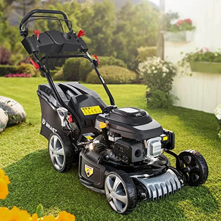 BRAST Benzin Rasenmäher mit Antrieb | 5,2kW(7PS) | Elektrostart | 46cm Schnittbreite | viele Modelle | TÜV | 4 Takt OHV Motor | 30-80mm Schnitthöhe | 60L Fangkorb | Stahlgehäuse | ESTART Speed – Bild 1