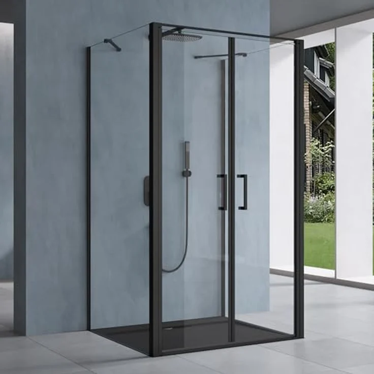 doporro Ravenna66UK U-Form Duschkabine 75x90cm, Duschabtrennung in schwarz mit 2 Drehtüren aus ESG-Sicherheitsglas und NANO-Beschichtung – Bild 1