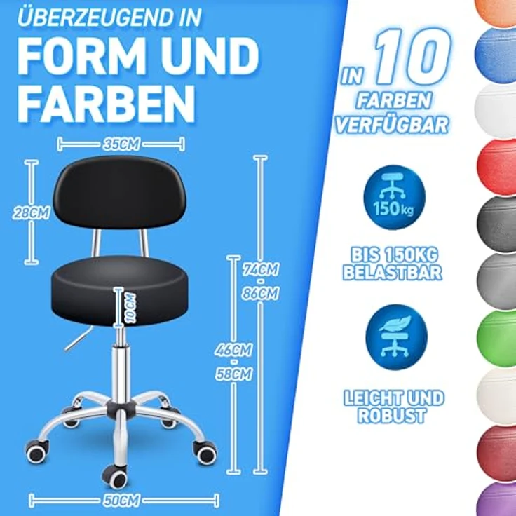 TRESKO Rollhocker Schwarz mit Lehne Arbeitshocker Hocker Drehhocker Kosmetikhocker Praxishocker – Bild 3