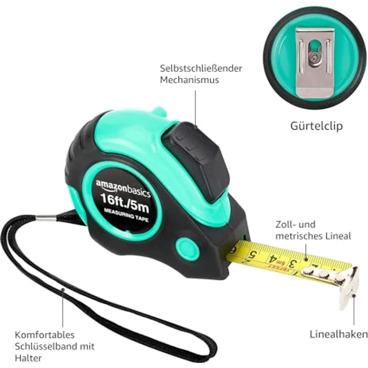 Amazon Basics Maßband, 4,88 m (16 Fuß), Türkis, einziehbar mit schwarzer Griff-Oberfläche und Gürtelclip – Bild 3