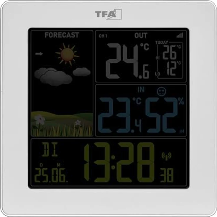 TFA SUN 2, Wetterstation mit farbig beleuchtetem Display, Weiss, integriertes Barometer, Außentemperatur- und Luftfeuchtigkeitsmessung, dimmbares Display – Bild 6