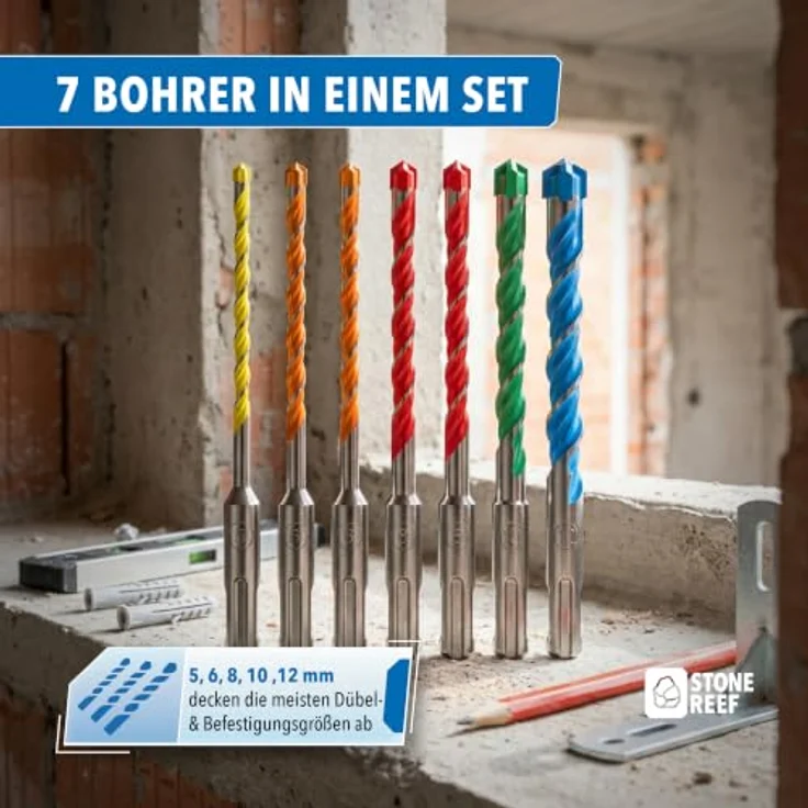 STONE REEF SDS Plus Bohrer Set 7 tlg, farbcodiert 5-12 mm, für Beton, Mauerwerk und Stein, inkl. Aufbewahrungsbox – Bild 2