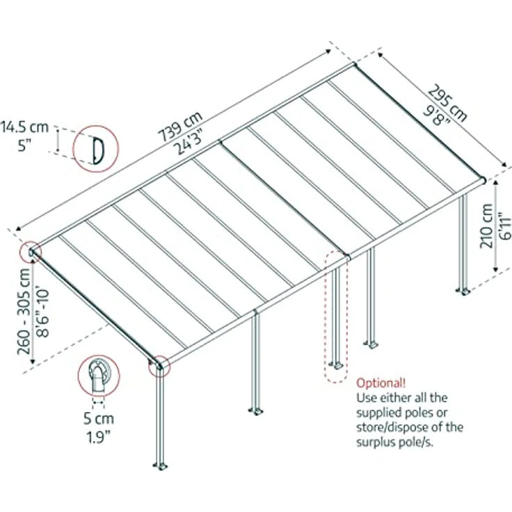 Palram Canopia Olympia Terrassenüberdachung 3x7 - Aluminium & Polycarbonat - Ganzjährig nutzbares Terrassendach, Grau, 739 x 295 x 305 cm – Bild 2