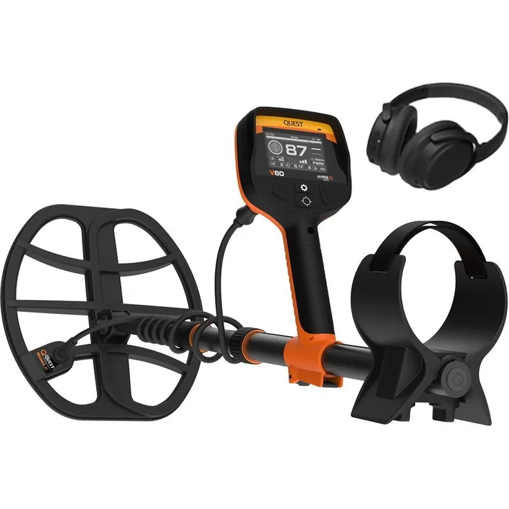 Quest Metalldetektor V60 Metalldetektor, HyperQ-Technologie, wasserdicht bis 5m, Blizzard-Suchspule 28 x 26 cm, 5000-mAh-Li-Po-Akku