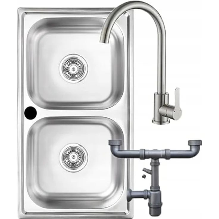 Kuchinox Edelstahl Doppelspülbecken 78x43 cm, 2-Kammer mit Mischbatterie, Siphon und Zubehör, schwenkbarer Auslauf, Silber