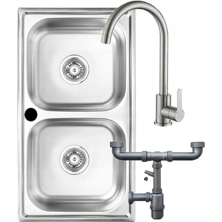 Kuchinox Edelstahl Doppelspülbecken 78x43 cm, 2-Kammer mit Mischbatterie, Siphon und Zubehör, schwenkbarer Auslauf, Silber – Bild 1