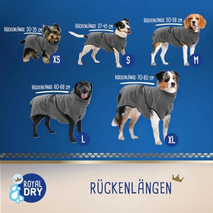 Royal Dry XL Bademantel für Hunde, Mikrofaser-Handtuch, Rückenlänge 70-80 cm, grau, schnell trocknend mit Klettverschluss – Bild 5