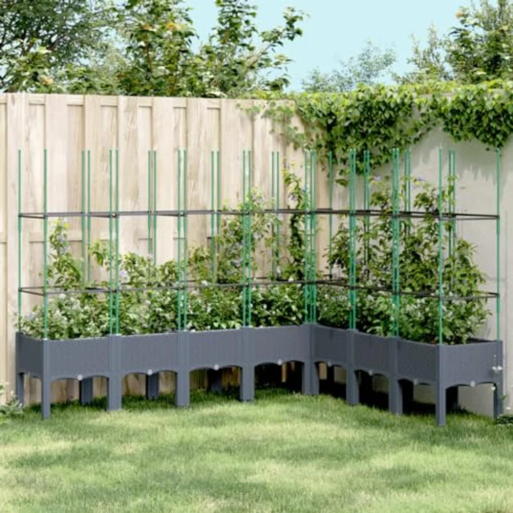 vidaXL Pflanzkübel mit Rankgitter, Blumenkübel mit Rattan-Optik, Blumenkasten für Terrasse Garten, Gartenspalier Pflanzkasten, Grau PP – Bild 2