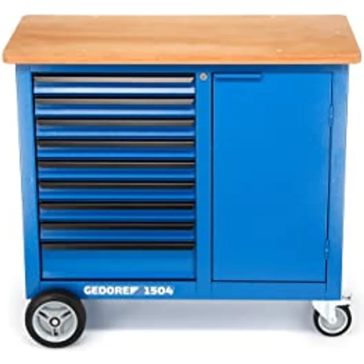 GEDORE Rollwerkbank, Werkzeugbank mit 9 Schubladen und Holzplatte, Werkbank auf Rollen, Stahlblech, leer, 1504 0810