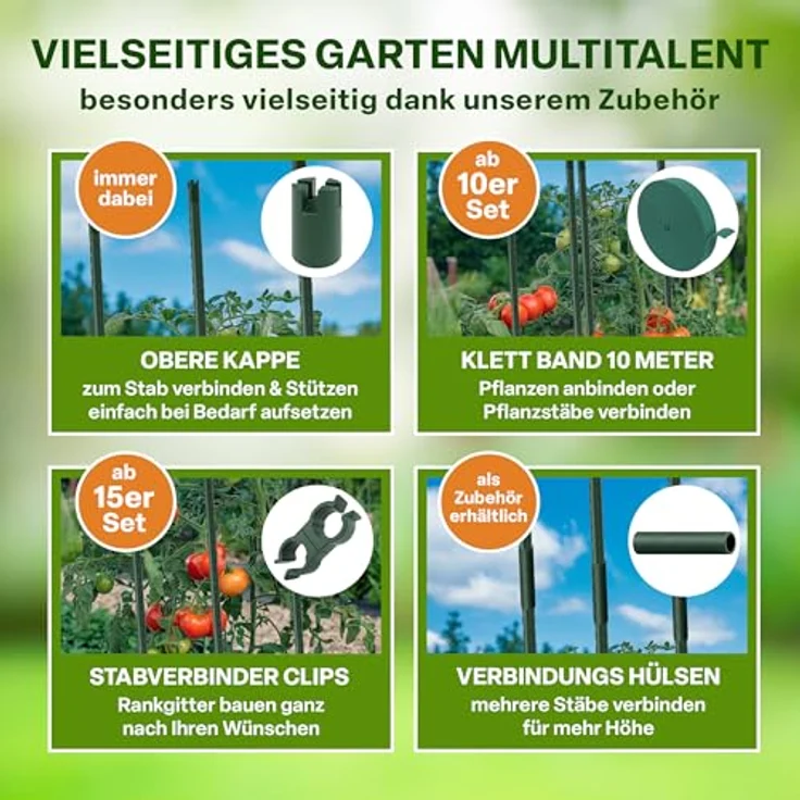 TTL GARDEN Rankstäbe 15er Set, 150cm grün, aus rostfreiem Stahl, mit Klettband und Clips, optimale Rankhilfe für Tomaten, Gurken und Blumen – Bild 5