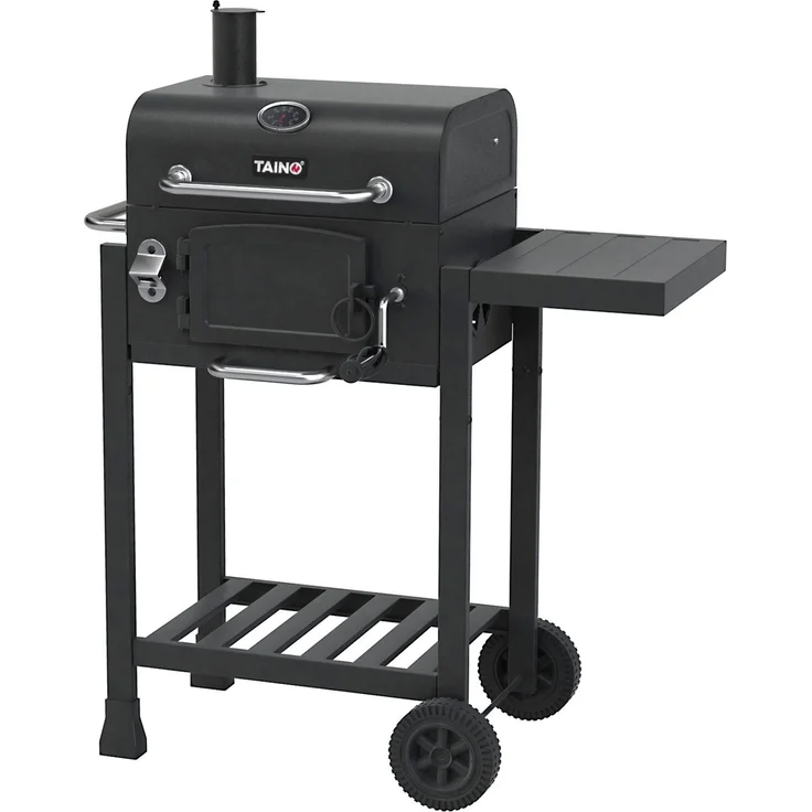 TAINO Holzkohlegrill HERO, Kohlerost höhenverstellbar, kleiner Smoker, Seitentisch klappbar, Schwarz – Bild 1