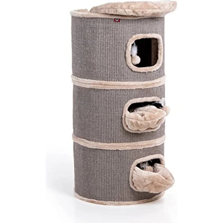 CanadianCat Company | Kratztonne Tony Höhe 90 cm, Spieltonne für Katzen ø 45 cm, Katzenkratzbaum mit 3 Höhlen, Katzenbaum, Kratzturm aus Sisal, Katzenmöbel, Plüsch, Beige – Bild 5