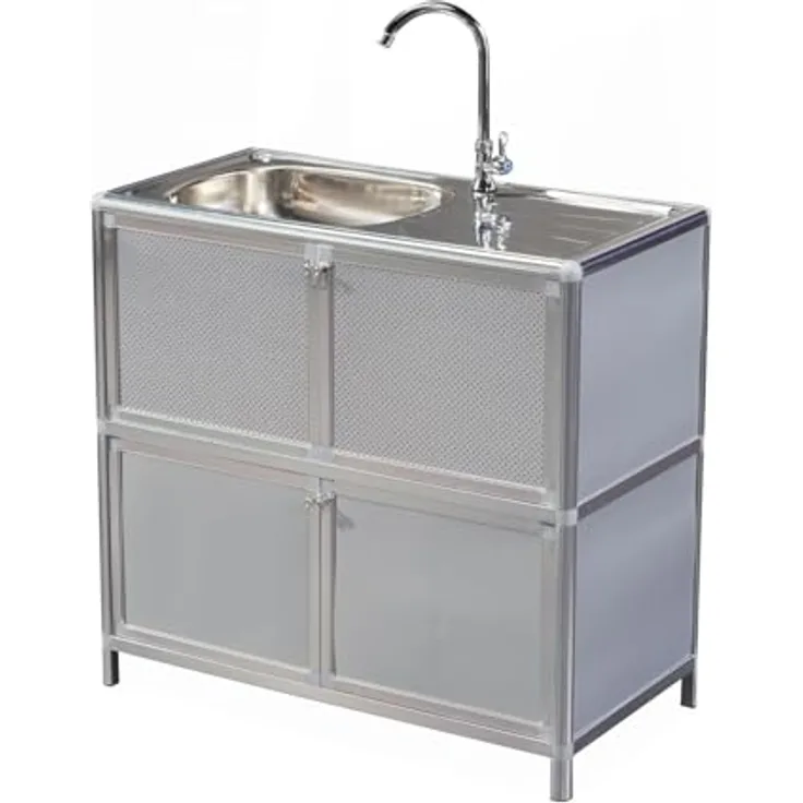 HTI-Living Outdoorspüle L Gerti, freistehender Spültisch aus Aluminium mit Edelstahlspüle und Armatur, perfekt für Restaurant und Camping, silber