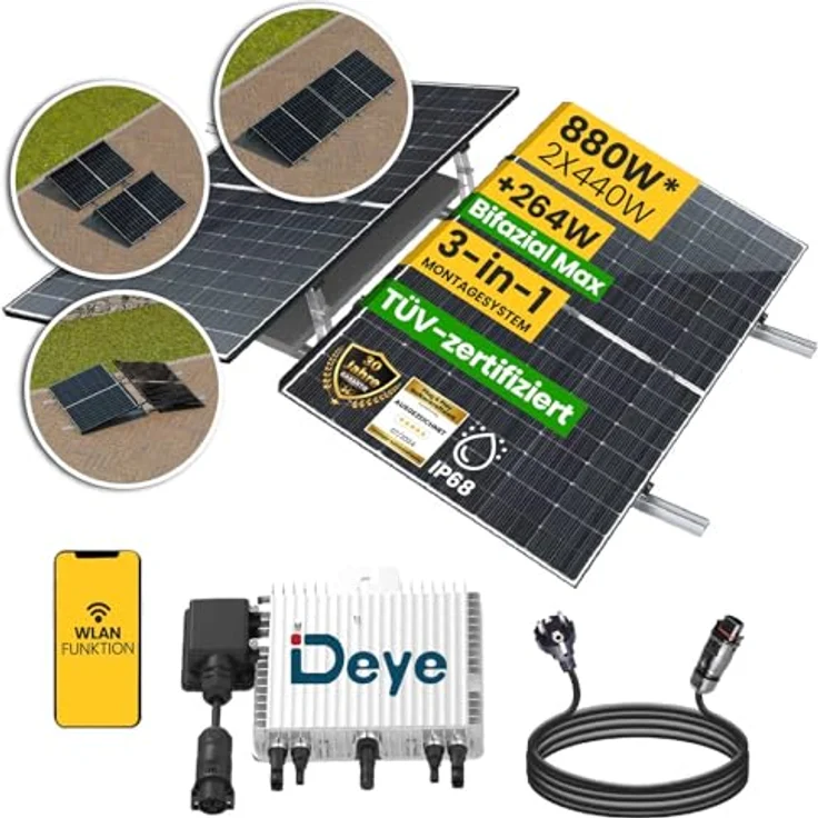 EPP Solar® 880W Balkonkraftwerk Bifazial Komplettset mit 800W DEYE WIFI Wechselrichter und Flachdach Halterung - Effiziente 2x 440W Bifazial PV Module für hohe Energieausbeute – Bild 1
