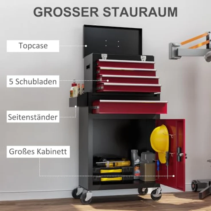 HOMCOM Werkstattwagen abschließbar, mit Rollen, Pulverbeschichtung, 130 kg Traglast, Schwarz/Rot, inkl. 1-tlg. Werkzeugset – Bild 4