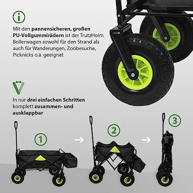 TRUTZHOLM Falt-Bollerwagen mit Vollgummi-Rädern, Hecktasche und Teleskopgriff, schwarz – Bild 4