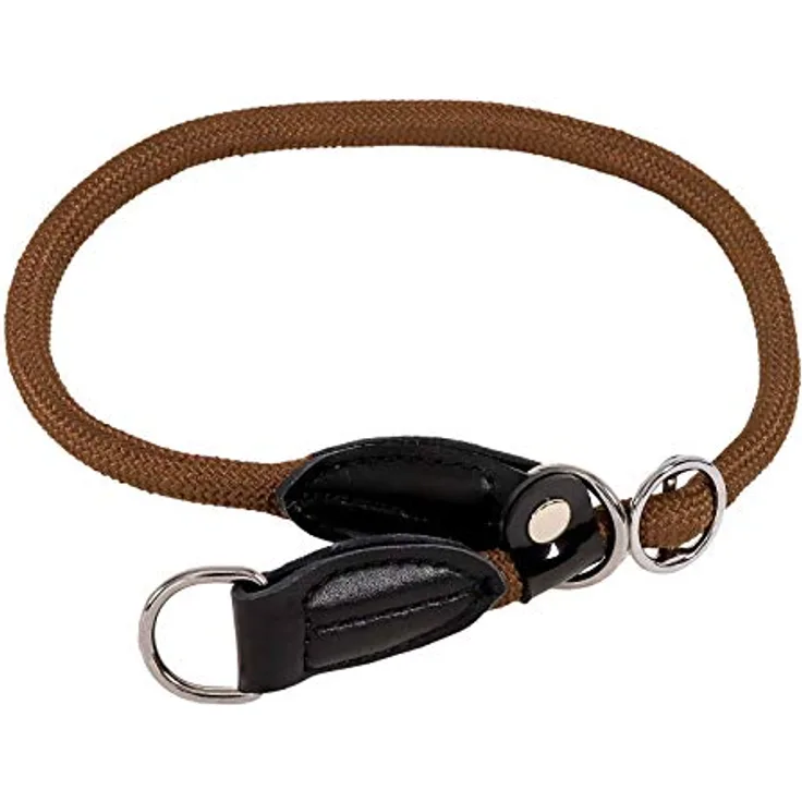 lionto Hundehalsband aus strapazierfähigem Nylon, Zugstopp Halsband mit Lederimitat und Metallring, 50 cm lang, braun
