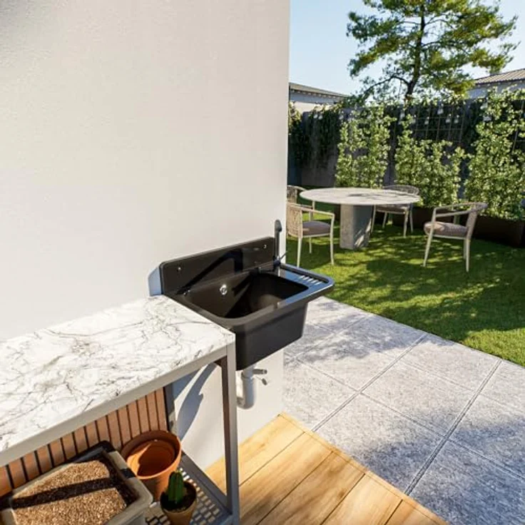 QLS Küchenspüle Vigo, Kunststoff-Spülbecken, 50 x 34 cm, Ausgussbecken für draußen Garten Werkstatt, Polypropylen, Weiß – Bild 5